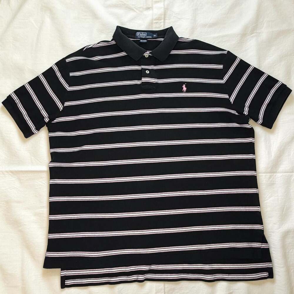 Polo Ralph Lauren Men's Black and Pink Striped Short Sleeve Polo Shirt